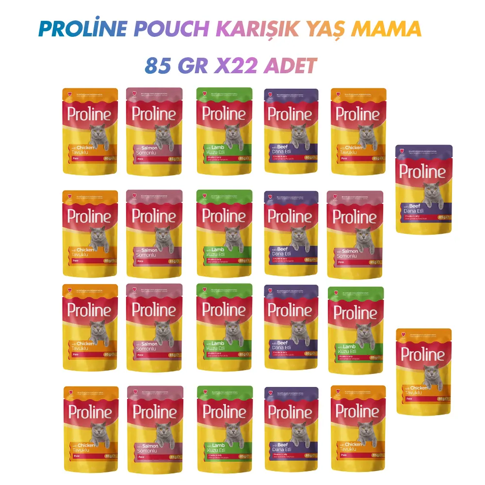 Proline Pouch Pate Yaş Kedi Maması Karışık Çeşitli 85 gr x 22 adet