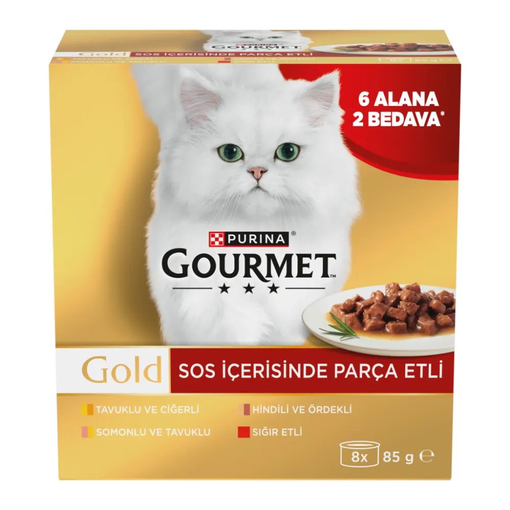 Purina Gourmet Gold Soslu Parça Etli Karışık Çeşitli Yetişkin Kedi Konservesi 8x85gr (8 AL 6 ÖDE)