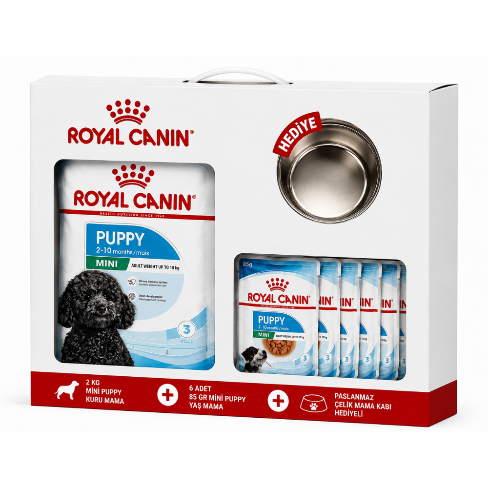 Royal Canin Mini Puppy 2 KG + 6×85 GR Yaş Mama + Çelik Mama Kabı Hediyeli